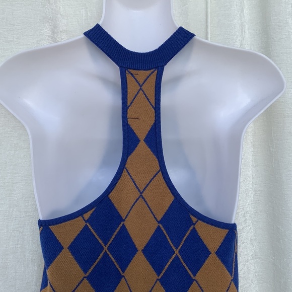 Urban Outfitters Argyle Halter RacerBack Sweater Dress Blue Mustard Yellow - Picture 8 of 12